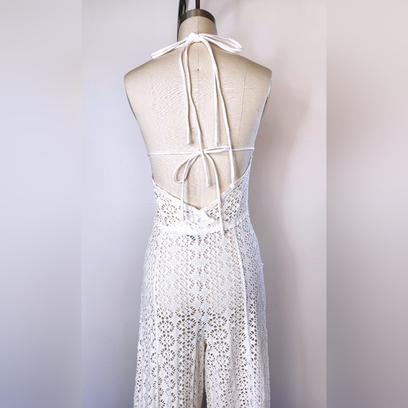 Free People Lace Ivory Jumpsuit Halter See Through Pockets Wide Legs w/ Slits S - Picture 14 of 15